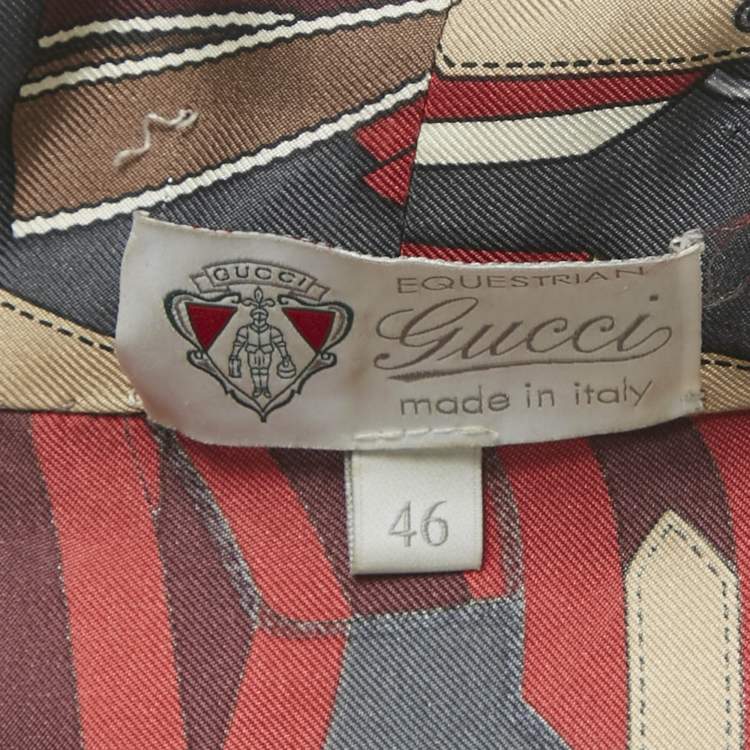 Pre Owned Gucci Vintage Grey Printed Silk Neck Tie Detail Blouse L