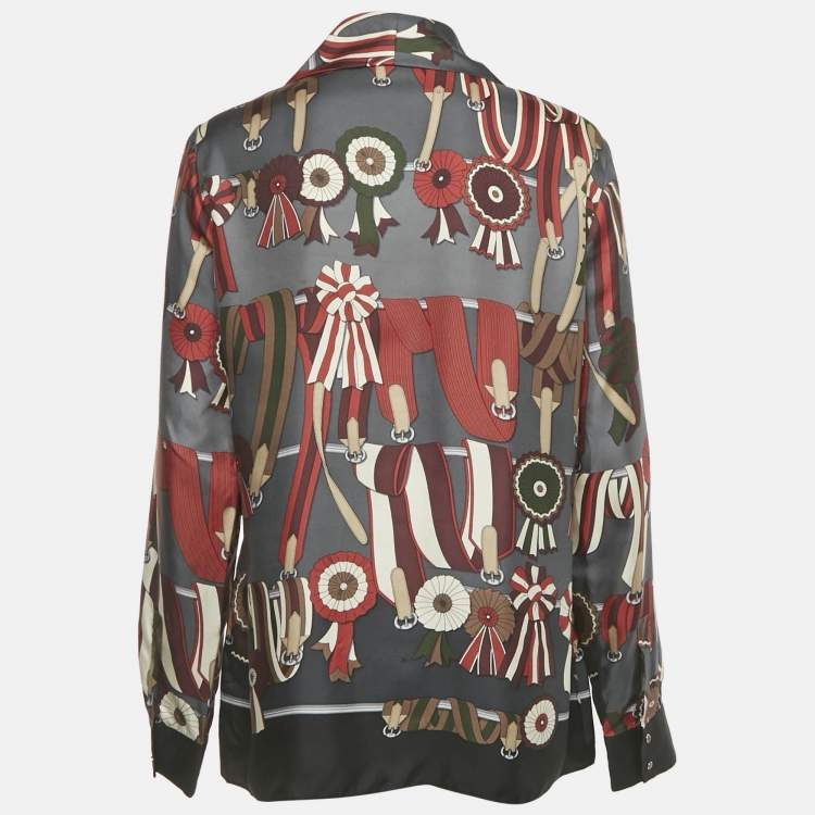 Pre Owned Gucci Vintage Grey Printed Silk Neck Tie Detail Blouse L