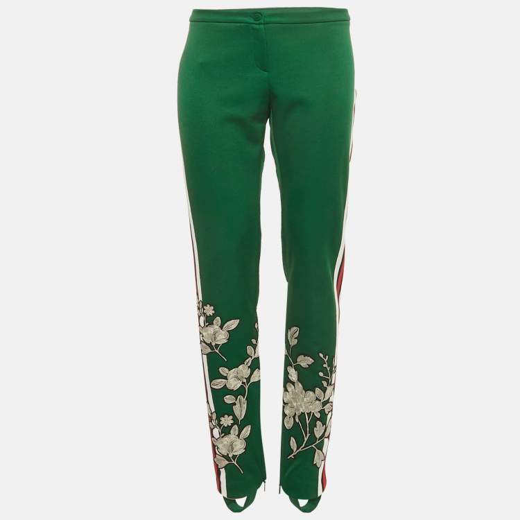Pre Owned Gucci Green Floral Embroidery Jersey Pants XL