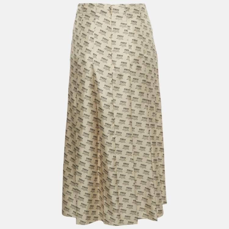Pre Owned Gucci Beige Invite Stamp Print Silk Pleated Midi Skirt L