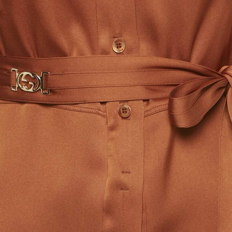 Pre Owned Gucci Brown Silk Satin Belted Button Front Shirt S