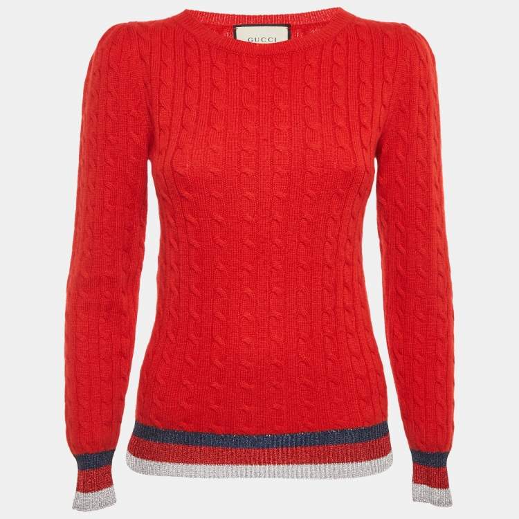 Pre Owned Gucci Red Lamé Trim Cable Knit Crewneck Sweater M