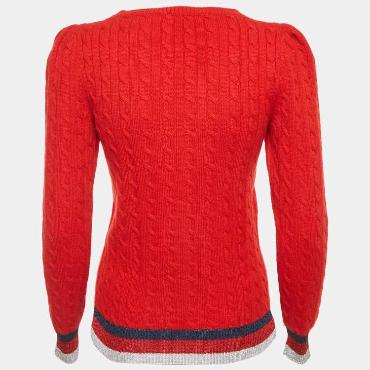 Pre Owned Gucci Red Lamé Trim Cable Knit Crewneck Sweater M