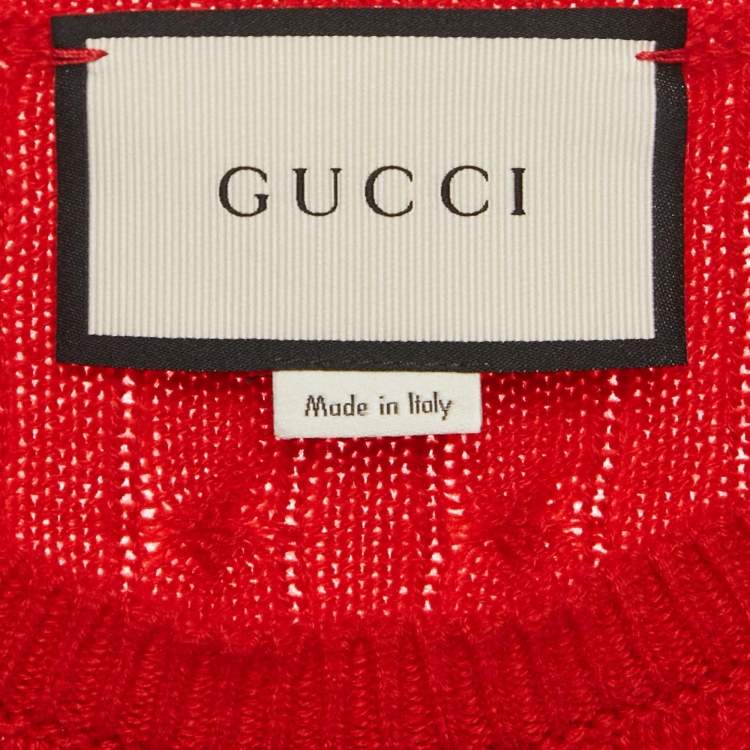 Pre Owned Gucci Red Lamé Trim Cable Knit Crewneck Sweater M