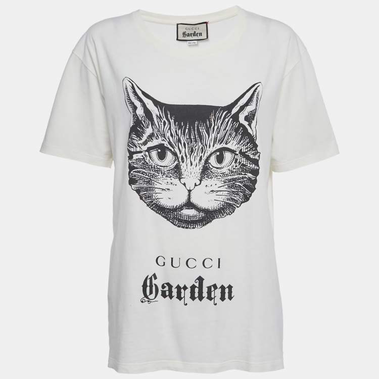 Pre Owned Gucci Garden White Cat Print Cotton Crewneck T-Shirt L 