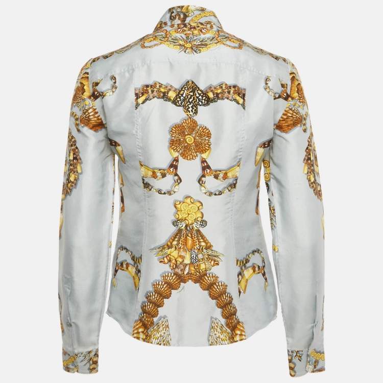 Pre Owned Gucci Blue Shell Print Silk Button Front Shirt S