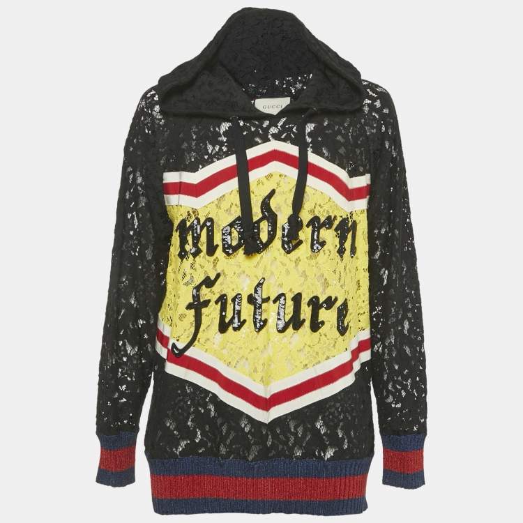 Pre Owned Gucci Black Lace Modern Future Sequin Detail Hooded Sweatshirt S
