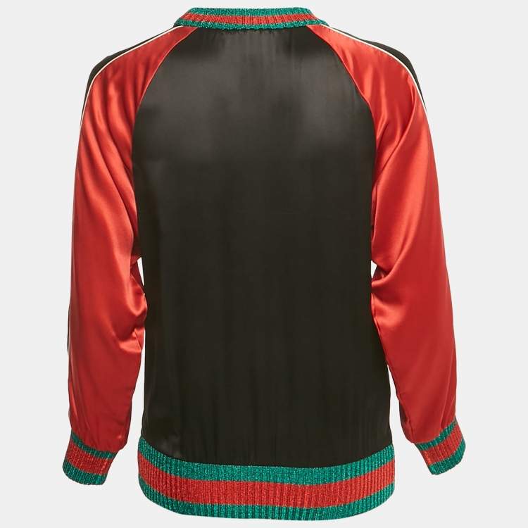 Pre Owned Gucci Black /Red Ghost Diamond Print Silk & Lamé Web Trim Top S