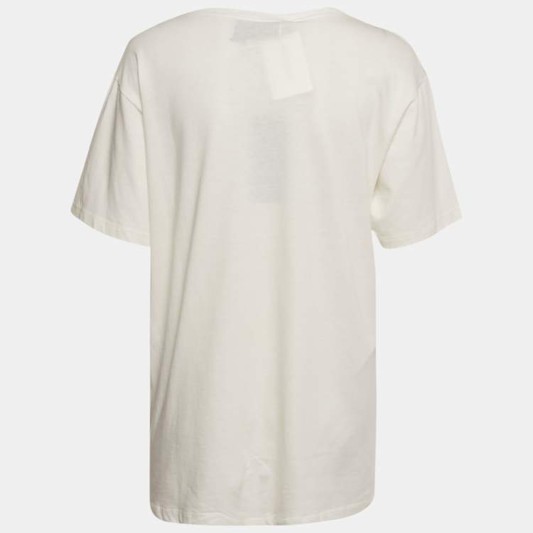 Pre Owned Gucci White Embellished Mystic Cat Applique Distressed Cotton T-Shirt S   