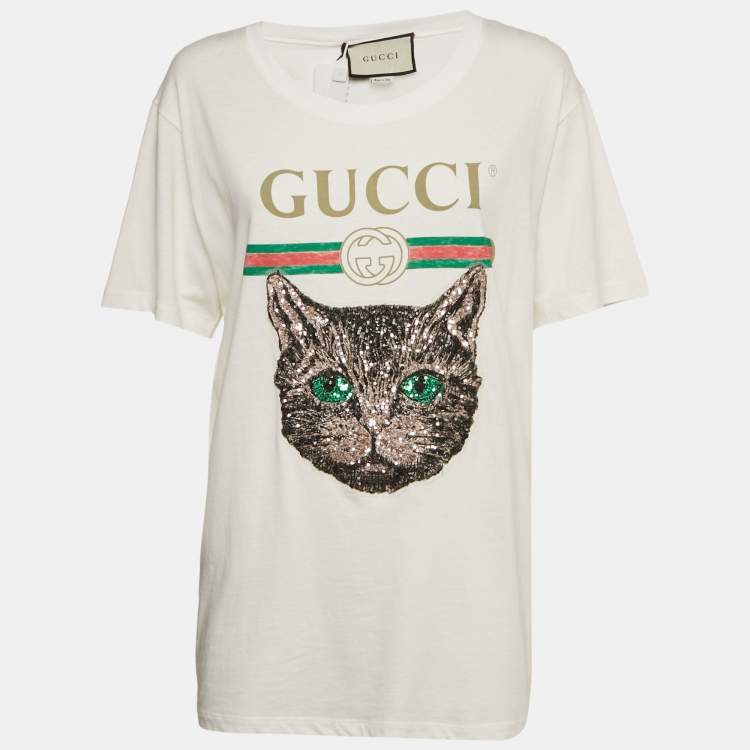 Pre Owned Gucci White Embellished Mystic Cat Applique Distressed Cotton T-Shirt S   