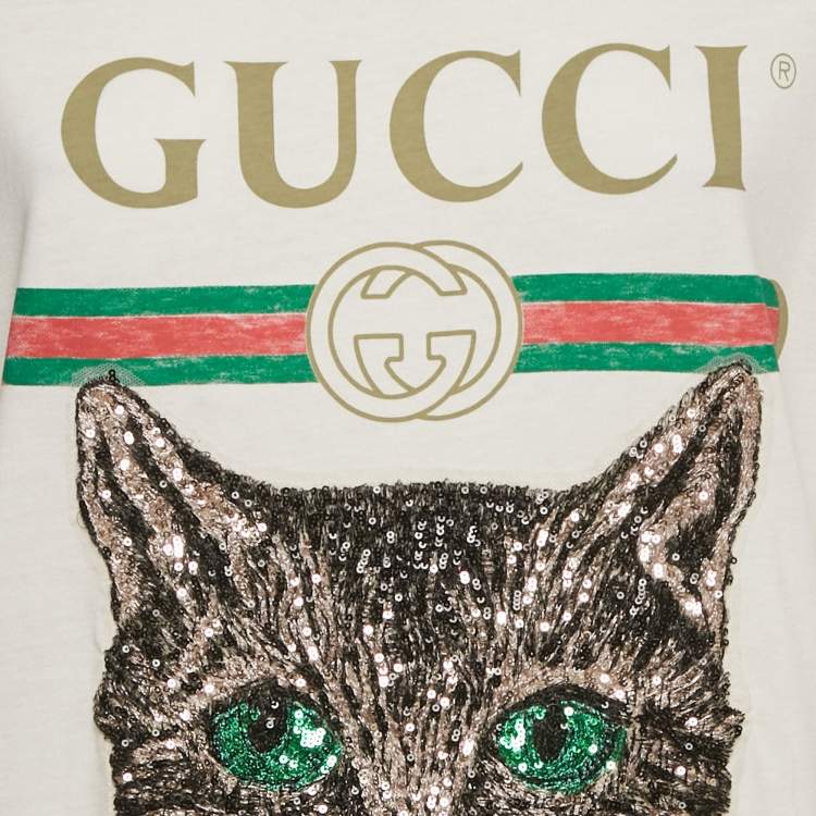 Pre Owned Gucci White Embellished Mystic Cat Applique Distressed Cotton T-Shirt S   