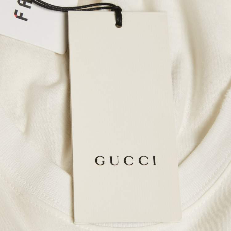 Pre Owned Gucci White Embellished Mystic Cat Applique Distressed Cotton T-Shirt S   