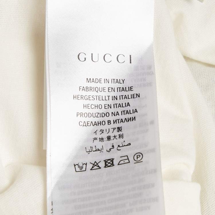 Pre Owned Gucci White Embellished Mystic Cat Applique Distressed Cotton T-Shirt S   