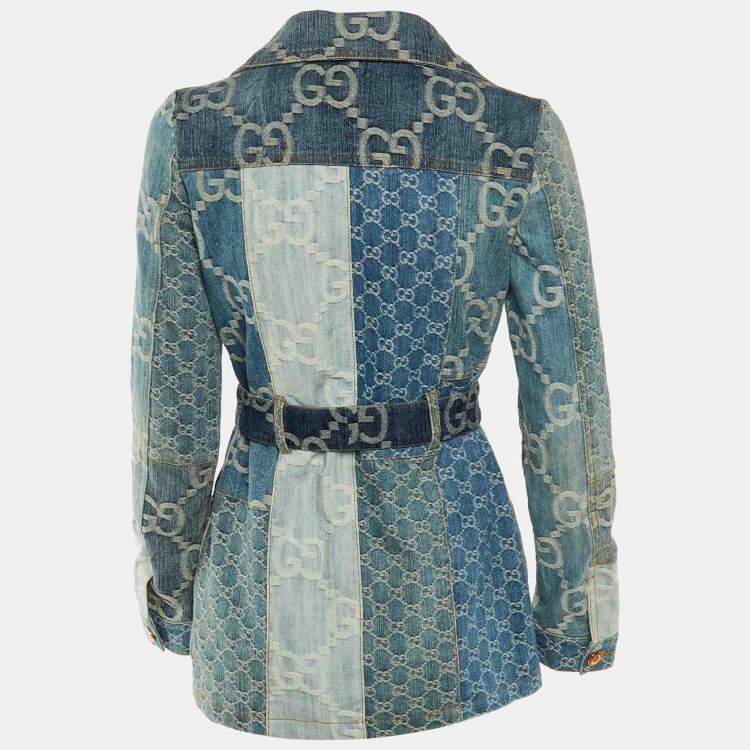 Pre Owned Gucci Blue GG Denim Patchwork Belted Jacket S