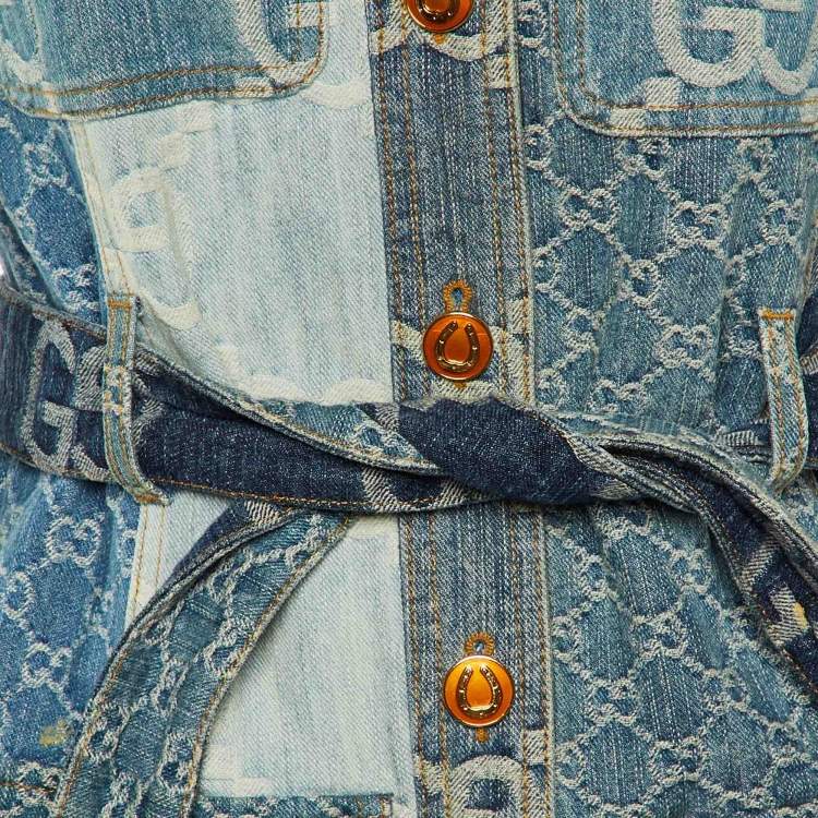 Pre Owned Gucci Blue GG Denim Patchwork Belted Jacket S