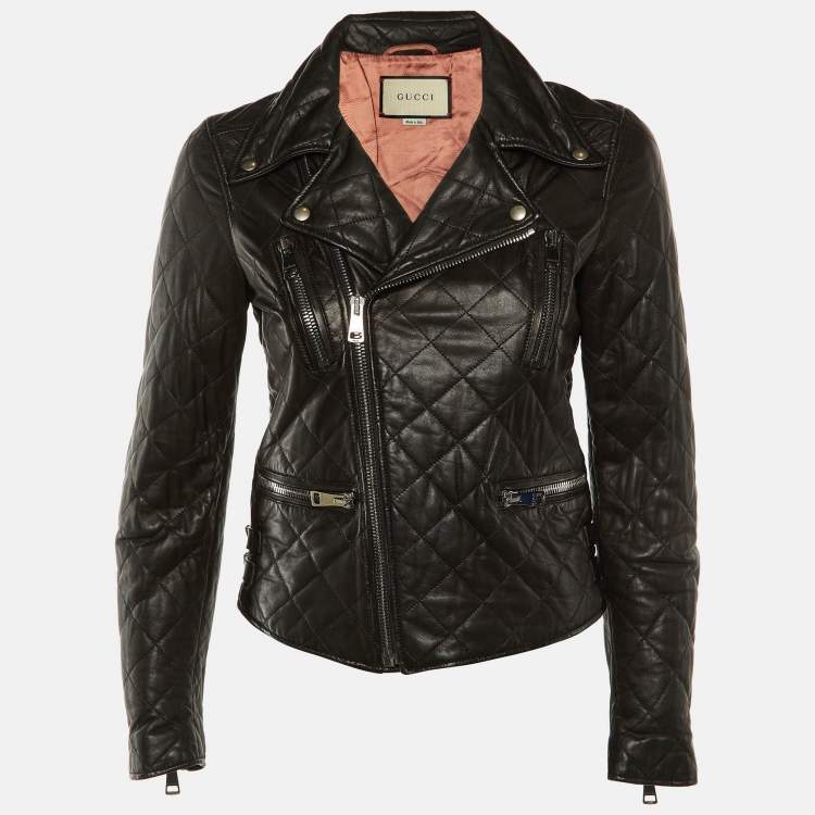 Pre Owned Gucci Black Quilted Leather Logo Embellished Biker Jacket XS