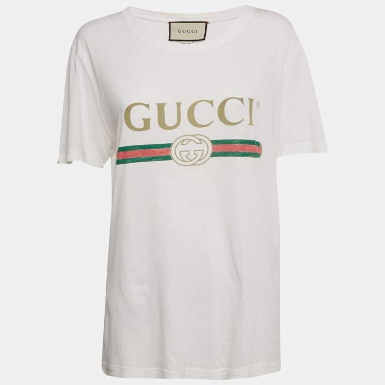 Pre Owned Gucci White GG Web Print Cotton Distressed T-Shirt S