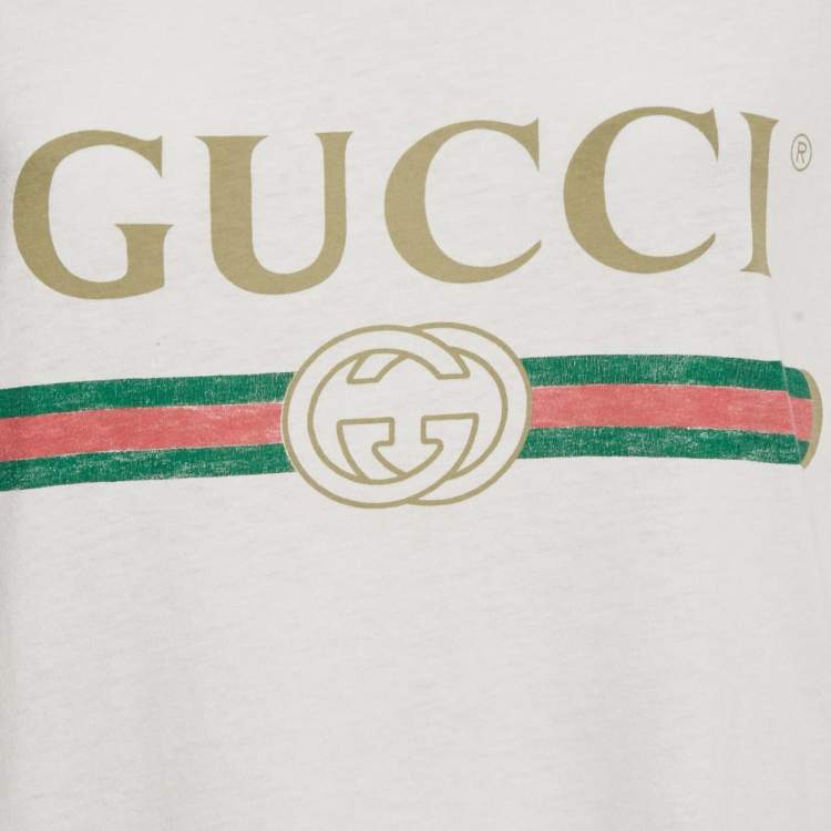 Pre Owned Gucci White GG Web Print Cotton Distressed T-Shirt S