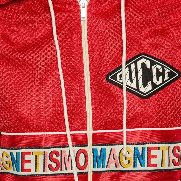 Pre Owned Gucci Red Mesh Magnetismo Stripe Trimmed Zip Front Hooded Jacket XS