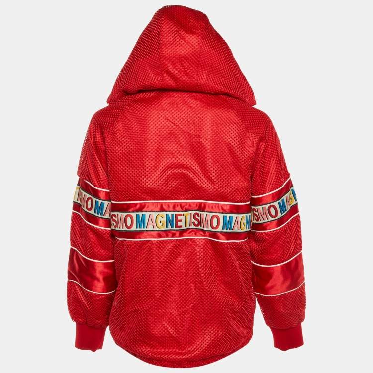 Pre Owned Gucci Red Mesh Magnetismo Stripe Trimmed Zip Front Hooded Jacket XS