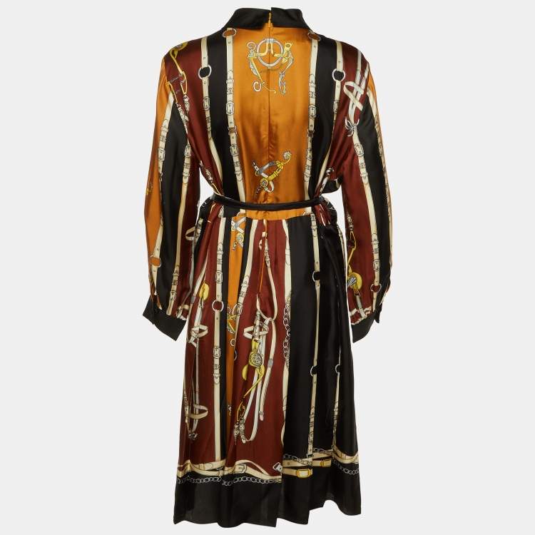 Pre Owned Gucci Brown & Black Equestrian Printed Silk Belted Maxi Dress L