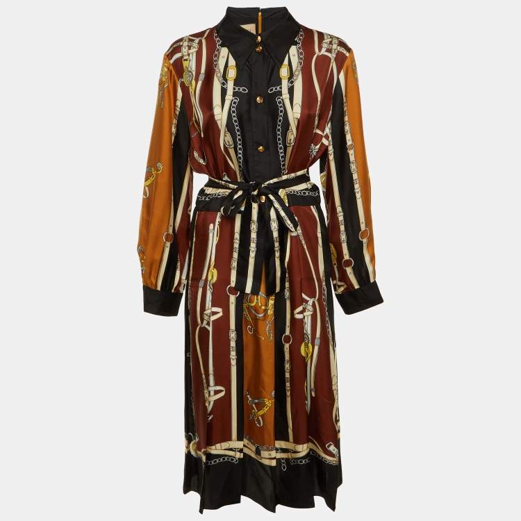 Pre Owned Gucci Brown & Black Equestrian Printed Silk Belted Maxi Dress L