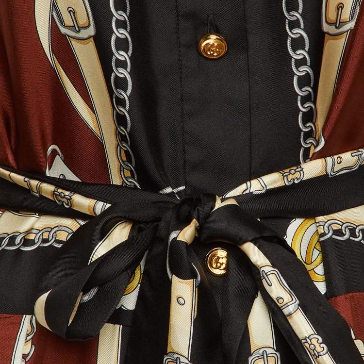 Pre Owned Gucci Brown & Black Equestrian Printed Silk Belted Maxi Dress L