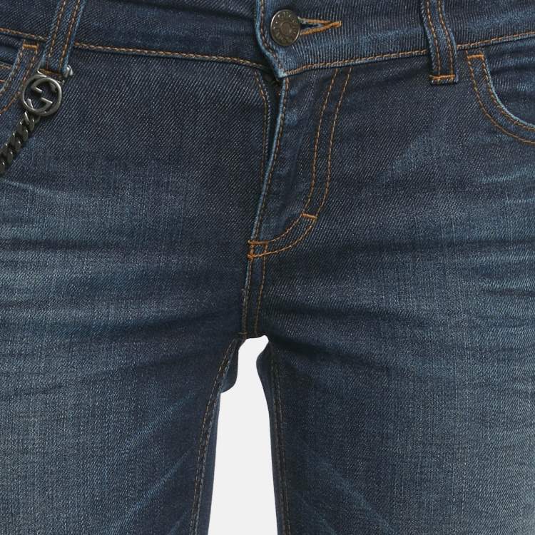 Pre Owned Gucci Blue Faded Denim Chain Detail Skinny Jeans S Waist 28"