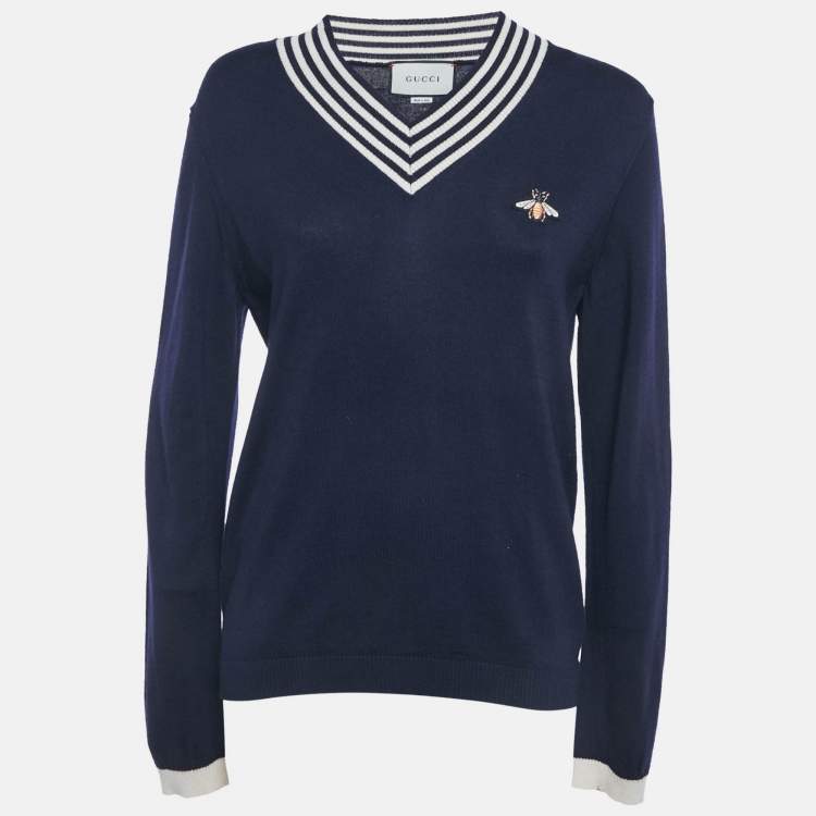 Pre Owned Gucci Navy Blue Wool Knit V-Neck Sweater S