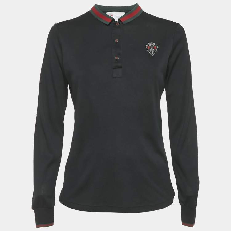 Pre Owned Gucci Equestrian Black Logo Applique Jersey Long Sleeve Polo T-Shirt S
