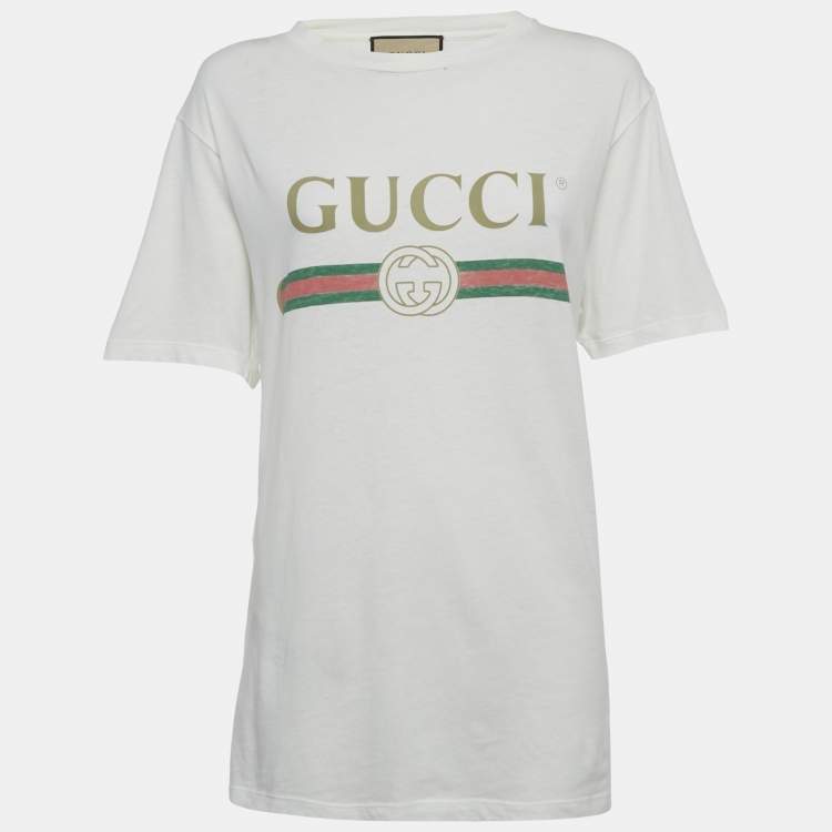 مملوكة مسبقًا Gucci White Logo Print Cotton Distressed T-Shirt XXS  