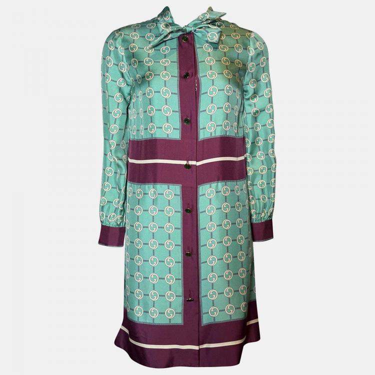 Pre Owned Gucci Silk Teal/Purple GG Printed Silk Button-Up Neck Tie Dress Size XS