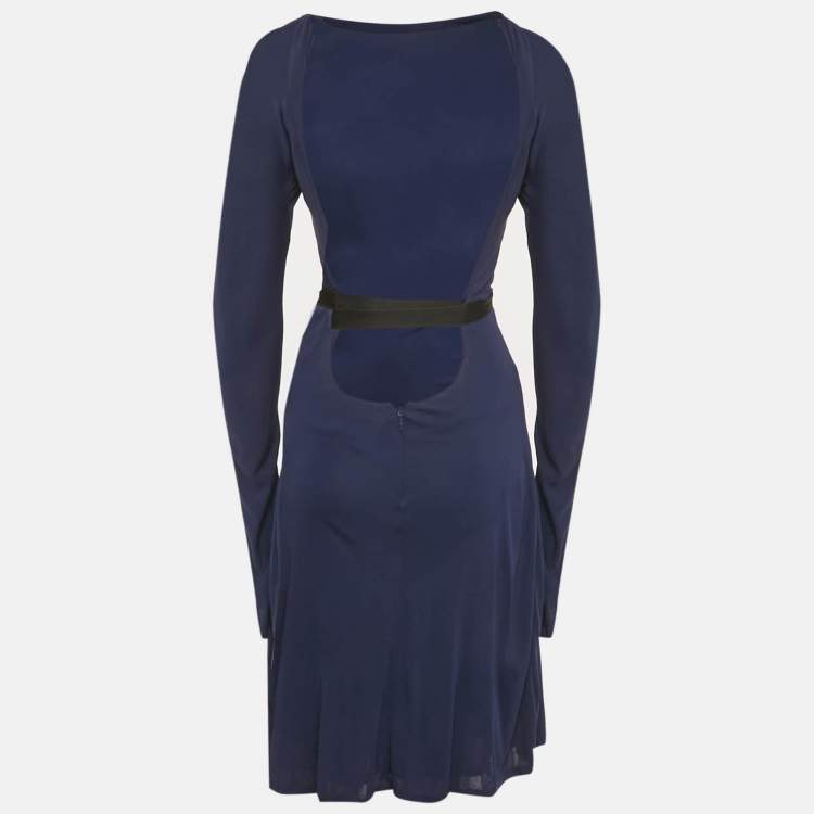 Pre Owned Gucci Navy Blue Jersey Belt Detail Knee-Length Dress M