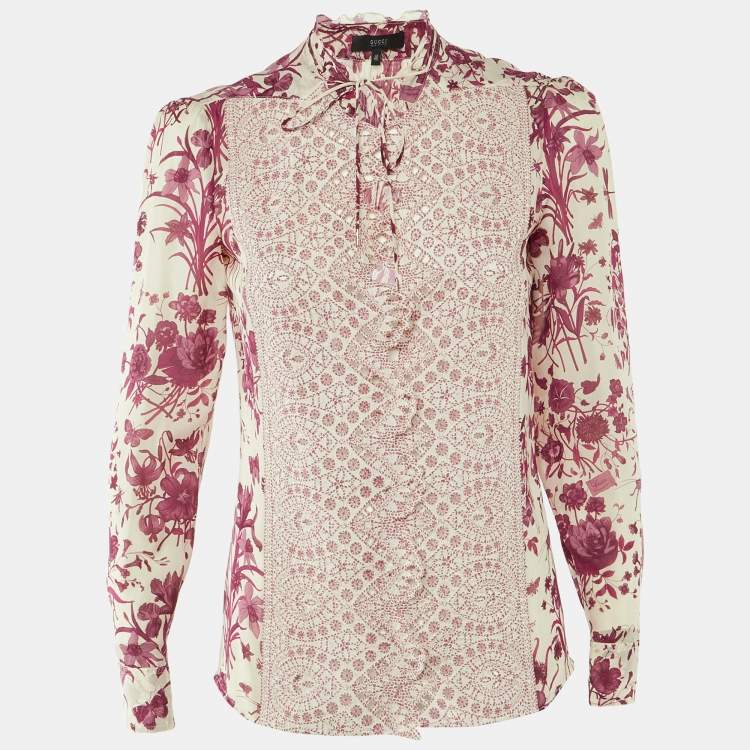 Pre Owned Gucci Pink Floral Print Silk Button Front Blouse S