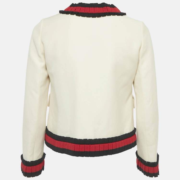 Pre Owned Gucci Off-White Cotton and Silk Ruffle Detail Jacket S