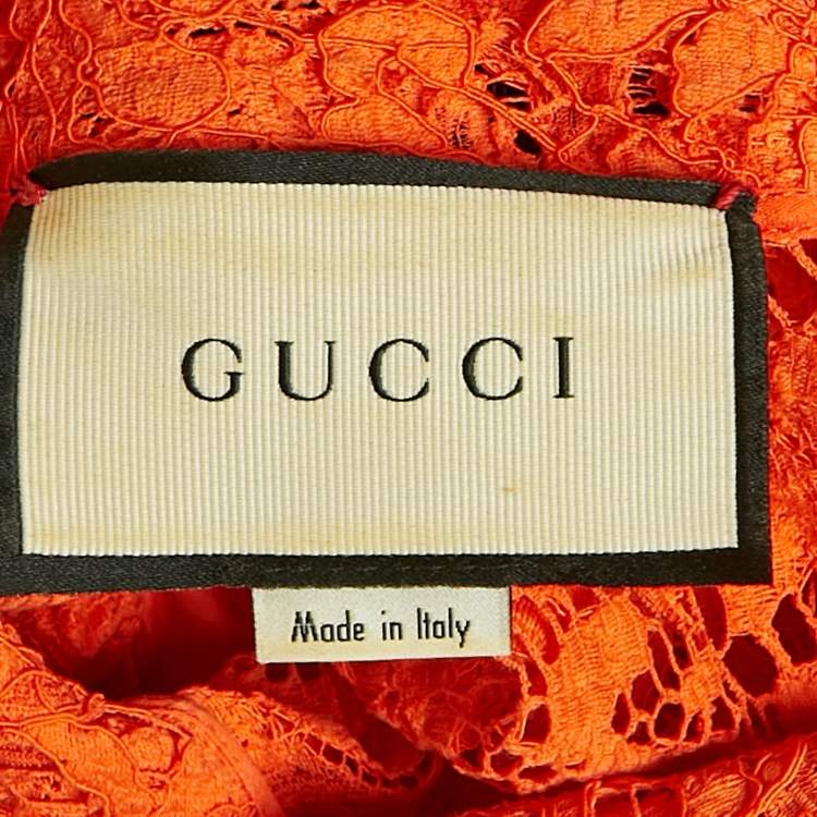 Pre Owned Gucci Orange/Cream Lace &Tweed Neck Tie Detail Short Dress M