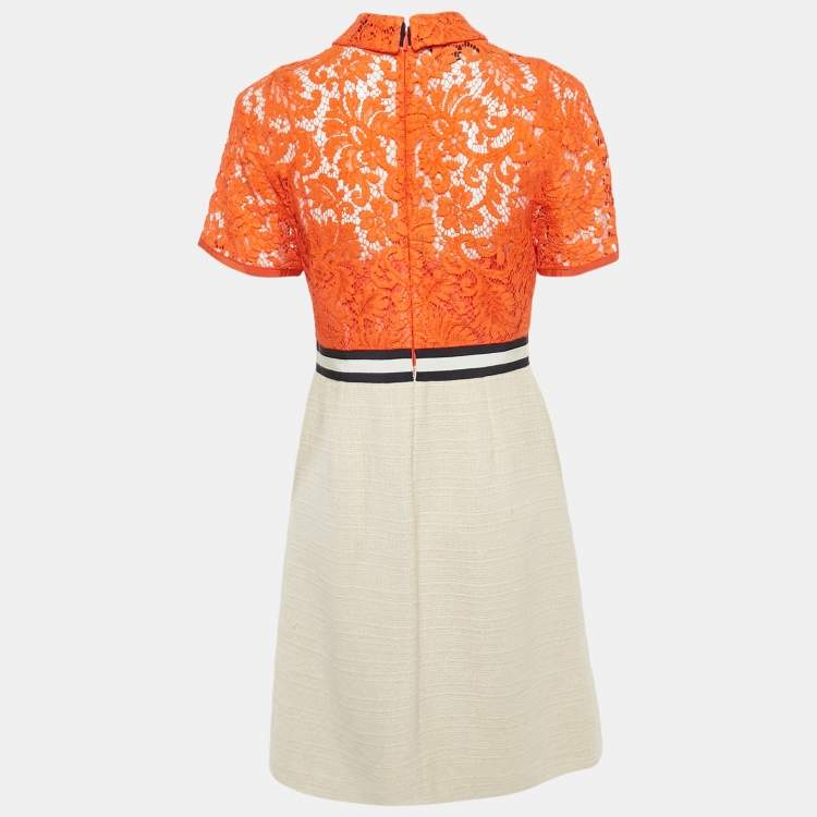 Pre Owned Gucci Orange/Cream Lace &Tweed Neck Tie Detail Short Dress M