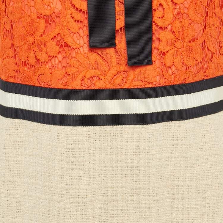 Pre Owned Gucci Orange/Cream Lace &Tweed Neck Tie Detail Short Dress M