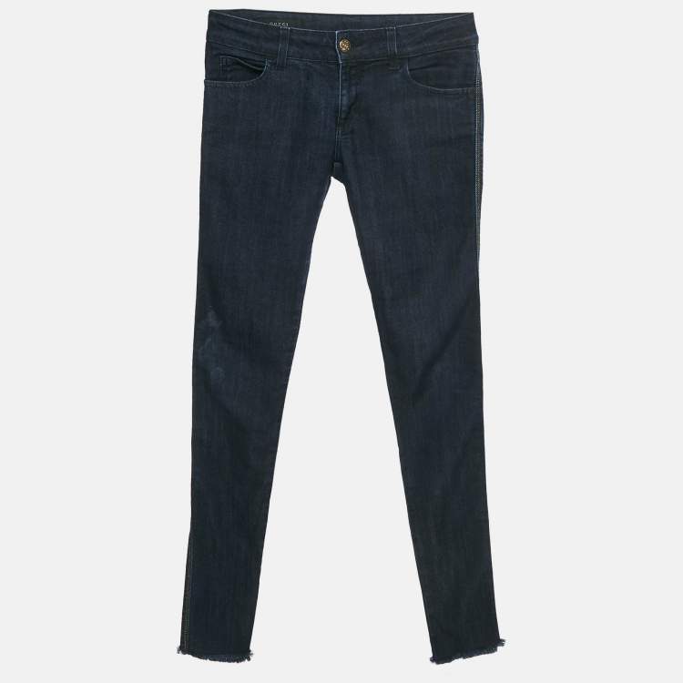Pre Owned Gucci Dark Blue Denim Rainbow Detail Raw Edge Denim S Waist 27"