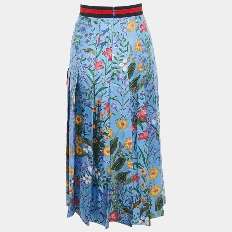 Pre Owned Gucci Blue Floral Printed Silk Pleated Midi Skirt S
