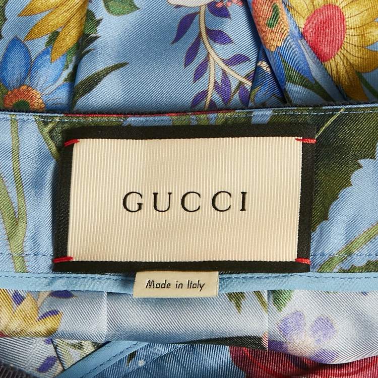 Pre Owned Gucci Blue Floral Printed Silk Pleated Midi Skirt S