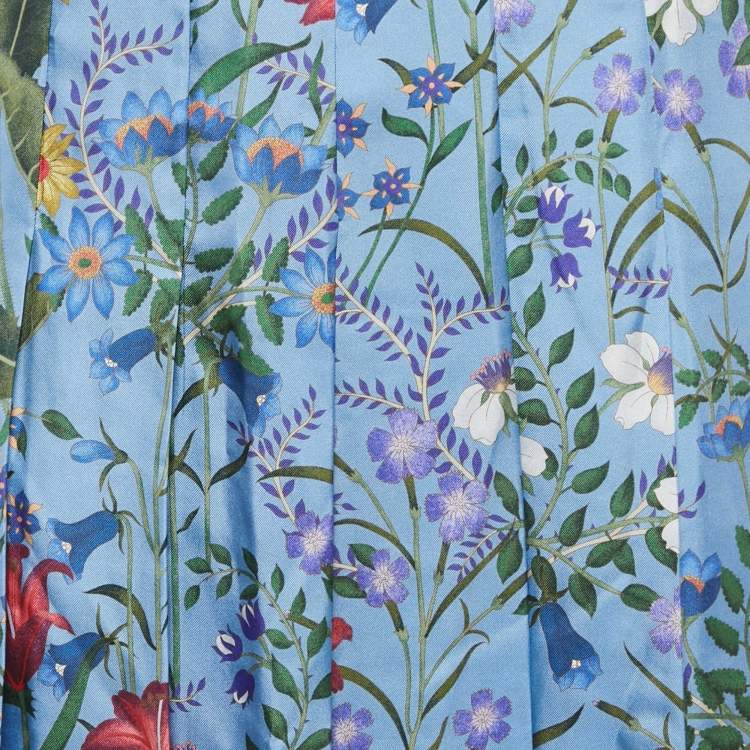 Pre Owned Gucci Blue Floral Printed Silk Pleated Midi Skirt S