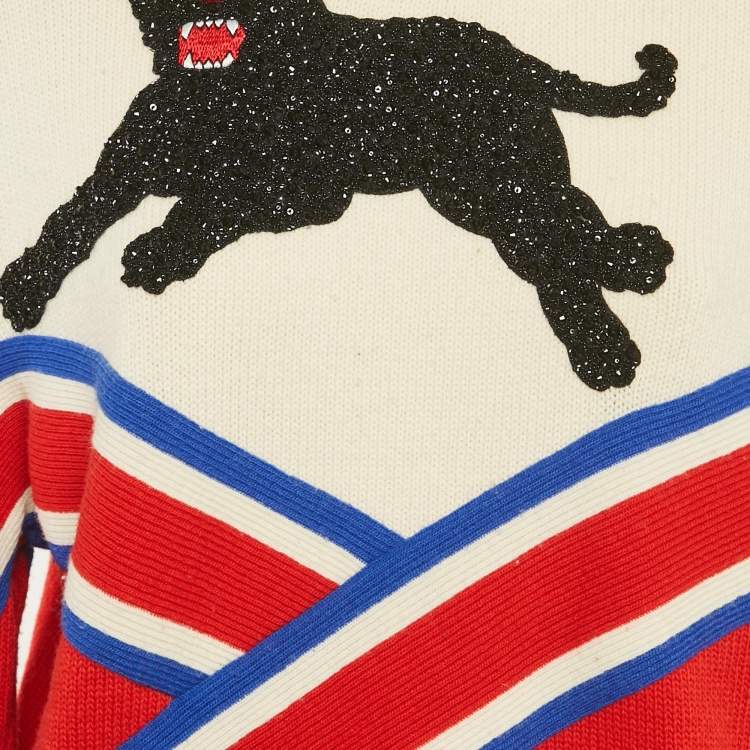 Pre Owned Gucci Multicolor Panther Embellished Intarsia Wool Knit Puff Sleeve Jumper M