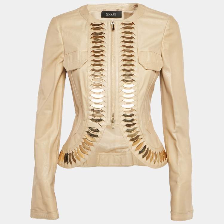 Pre Owned Gucci Gold Shimmer Embellished Leather Zip Up Jacket S