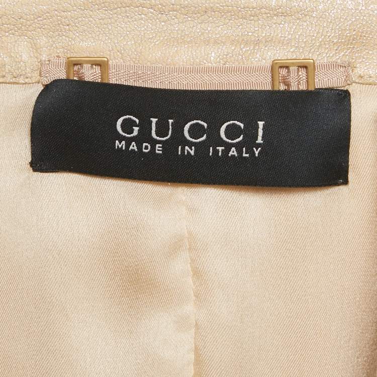 Pre Owned Gucci Gold Shimmer Embellished Leather Zip Up Jacket S