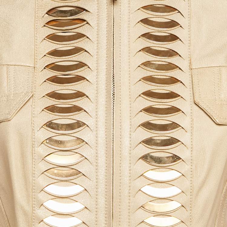 Pre Owned Gucci Gold Shimmer Embellished Leather Zip Up Jacket S