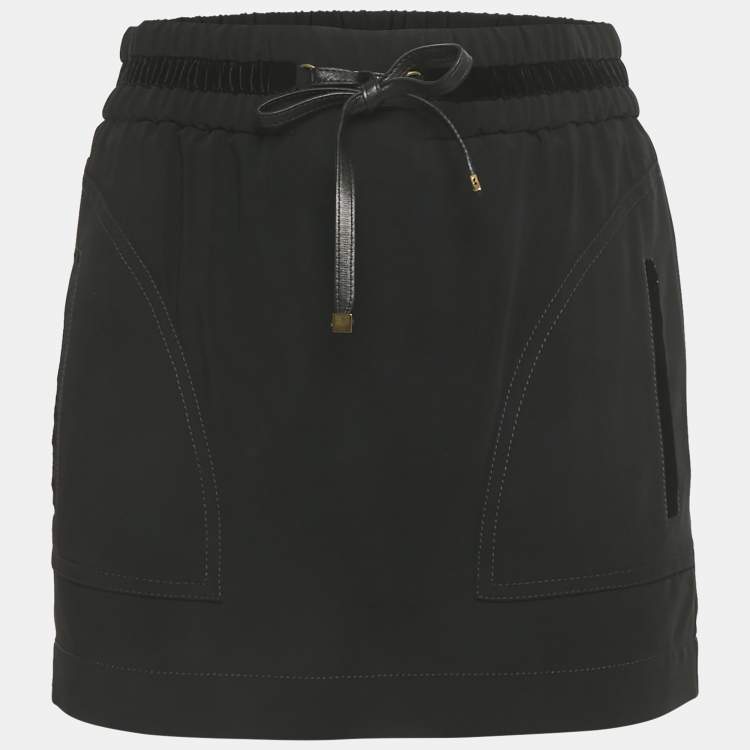 Pre Owned Gucci Black Crepe Velvet Trim Drawstring Mini Skirt S 