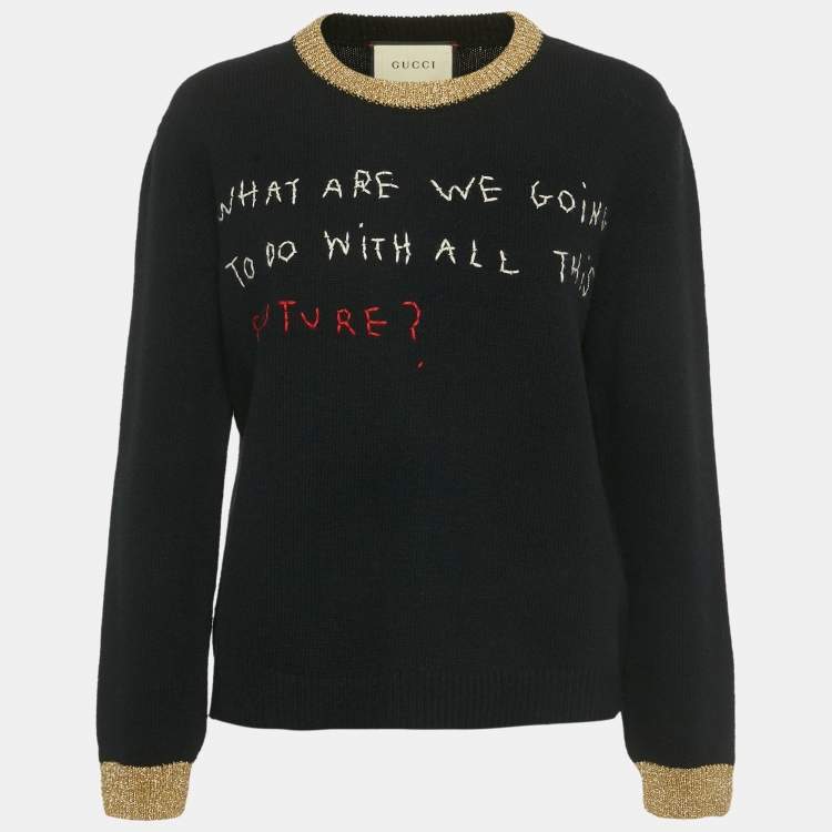 Pre Owned Gucci Black Embroidered Lurex Trim Wool Knit Sweater L