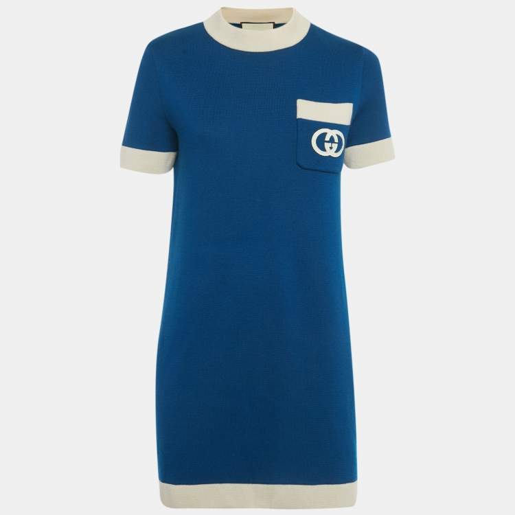 Pre Owned Gucci Blue GG Embroidered Knit Mini Dress M