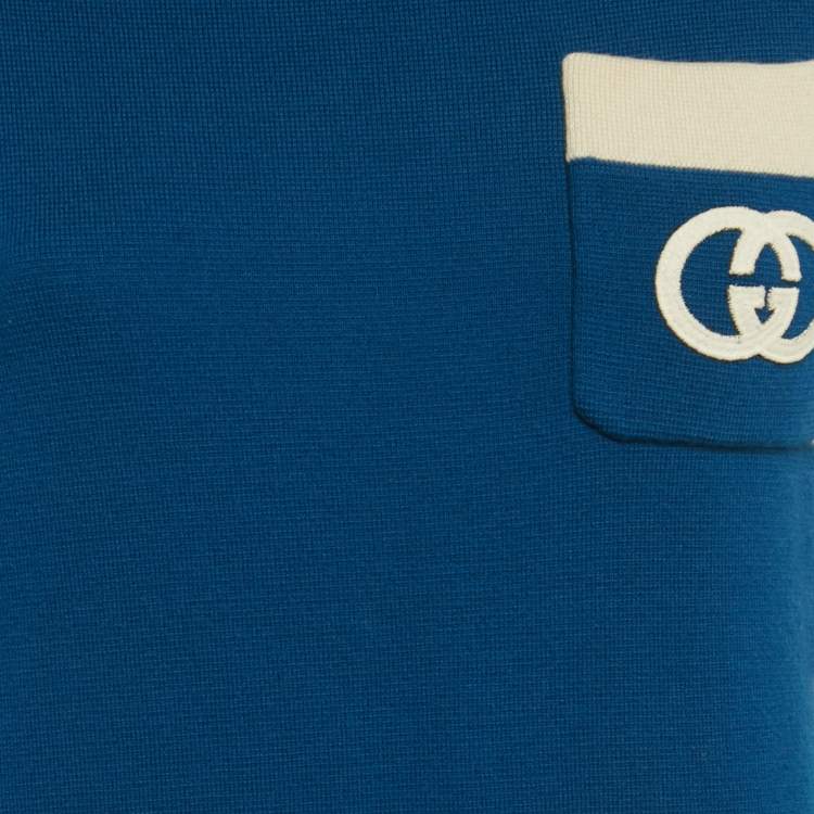 Pre Owned Gucci Blue GG Embroidered Knit Mini Dress M